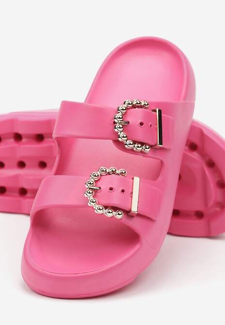 Papuci fucsia cu talpă joasă cu barete decorative și catarame metalice Missalori 6