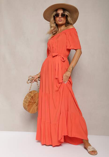 Pomarańczowa Hiszpanka Sukienka z Gumką w Talii i Materiałowym Paskiem Tiamanda
