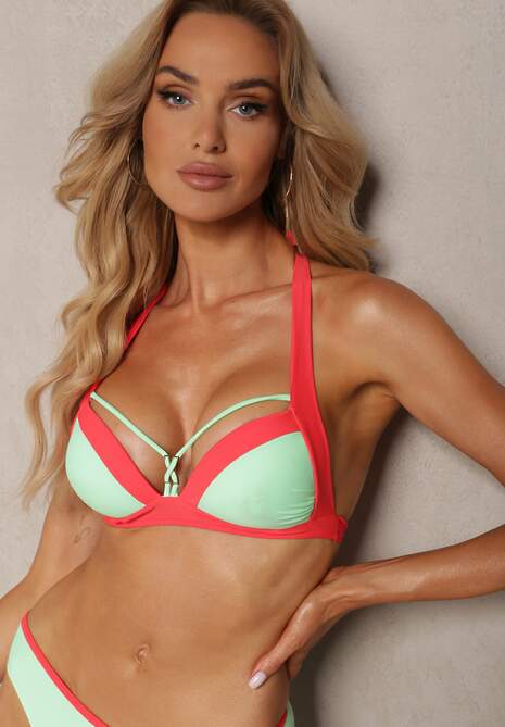 Miętowe Bikini Stanik Wiązany na Szyi z Ozdobnym Dekoltem Majtki Typu Figi Vikisian 4