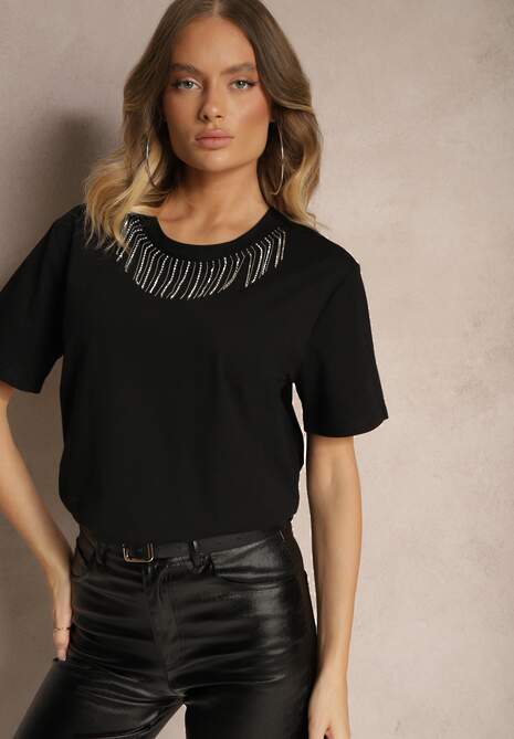 Tricou Negru din Bumbac cu Mânecă Scurtă și Strasuri Decorative la Decolteu Vilefia 4