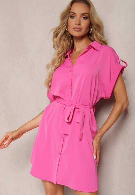 Rochie cămașă evazată fuchsia cu cordon Vikira 4