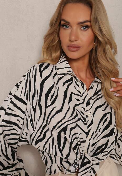 Cămașă Bej-Negru cu Fundă și Mânecă Lungă în Model Animal Print Vikimia 5
