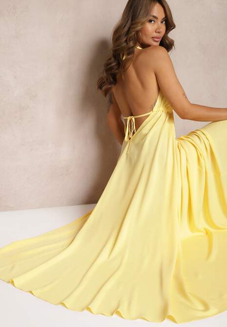 Żółta Rozkloszowana Sukienka Bawełniana z Wiązaniem na Szyi Panethea