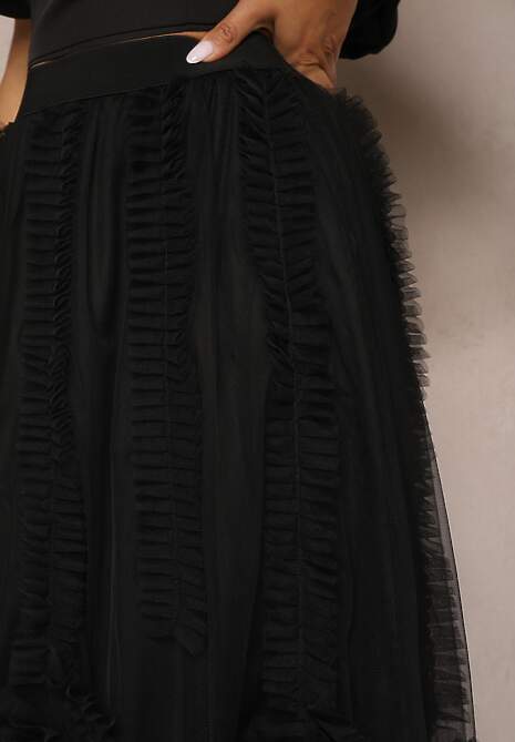 Fusta Neagră High Waist cu Elastic în Talie cu Finisaj din Plasă Vikkissa 5
