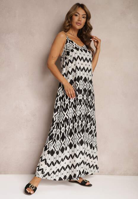 Rochie Alb-Negru din Viscoză cu Bretele cu Croi Clos și Model Geometric Xervidia 4