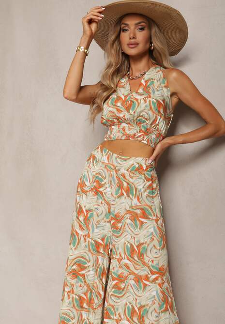 Portocaliu-Verde Set Boho din Bumbac Top Scurt cu Bretele Elastice Pantaloni Largi Rasida 4