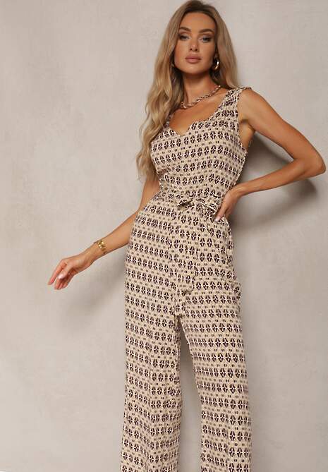 Bej Talie Jumpsuit Vascoză Bretele Legat Talie Seadia 4