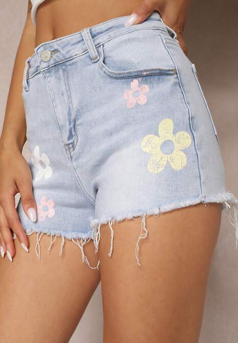 Niebieskie Jeansowe Szorty High Waist z Printem w Kwiaty Vikisias 5