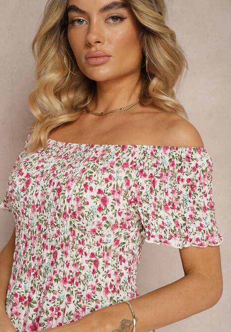 Rochie Alb-Roz Florală Spaniolă cu Elastic în Talie Naadia 5