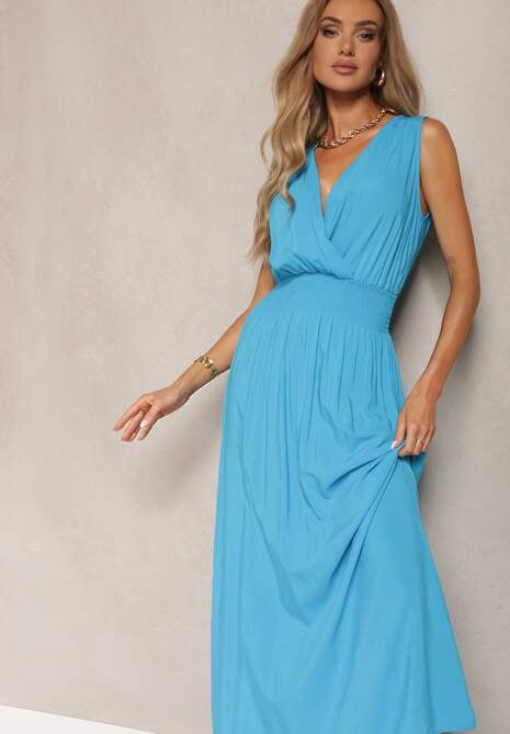 Rochie bleumarin cambrată din viscoză cu elastic în talie și decolteu tip plic Kairidia 4