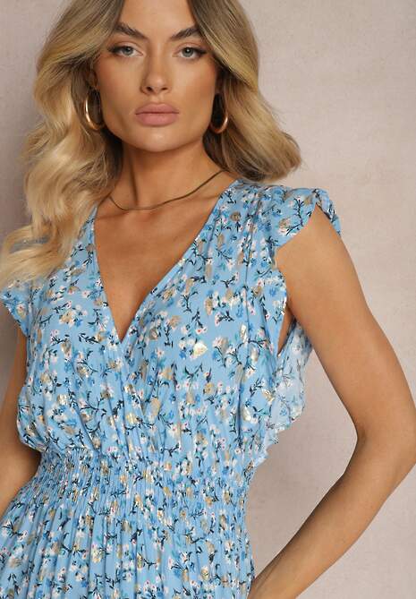Rochie albastră din viscoză cu croială evazată cu elastic în talie și volane Xardia 5