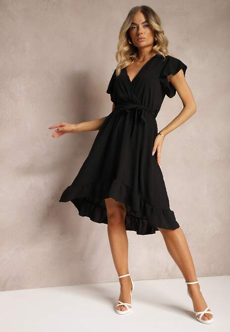 Czarna Sukienka z Asymetrycznym Tyłem z Kopertowym Dekoltem Ozdobiona Paskiem w Talii Toridia