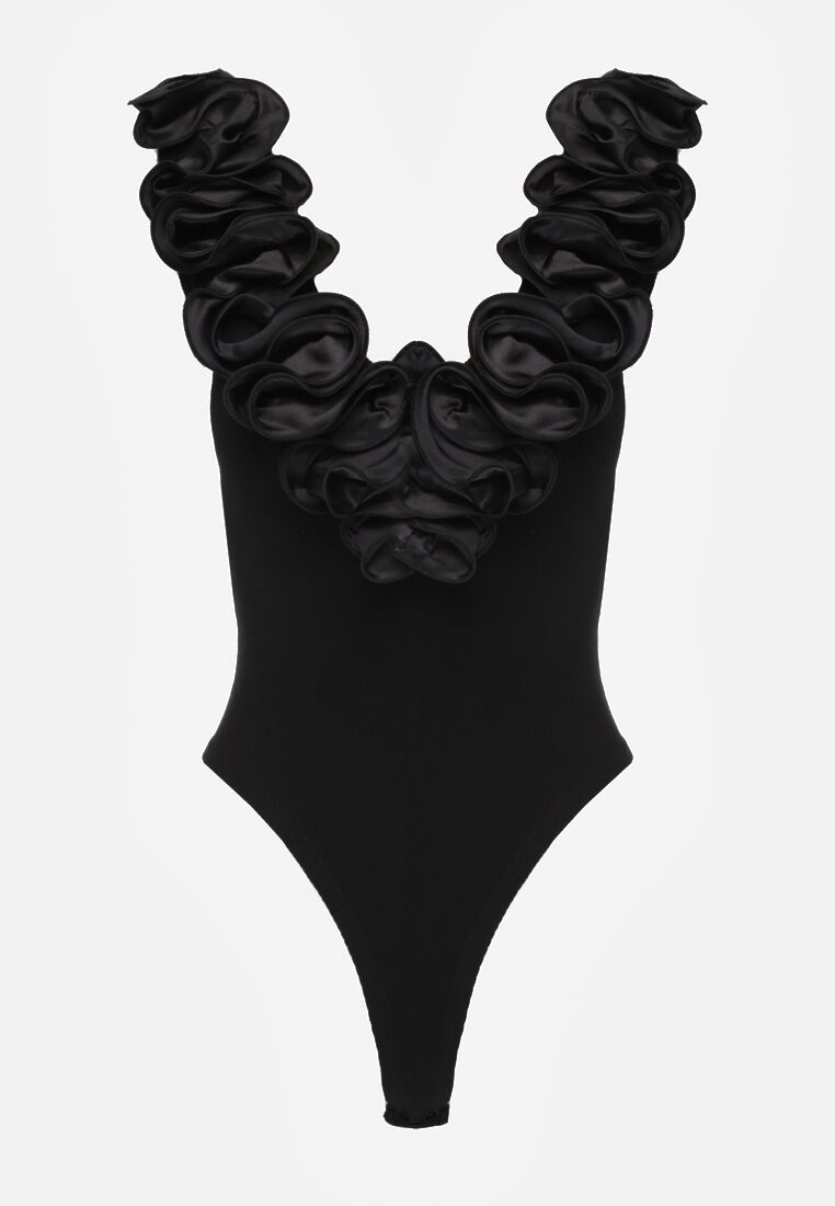 Czarne Body z Bawełny na Ramiączkach z Ozdobną Falbanką przy Dekolcie Sanadia 4