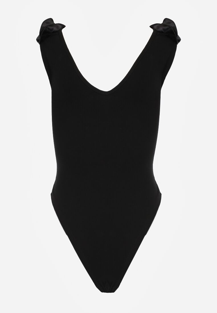 Czarne Body z Bawełny na Ramiączkach z Ozdobną Falbanką przy Dekolcie Sanadia 5