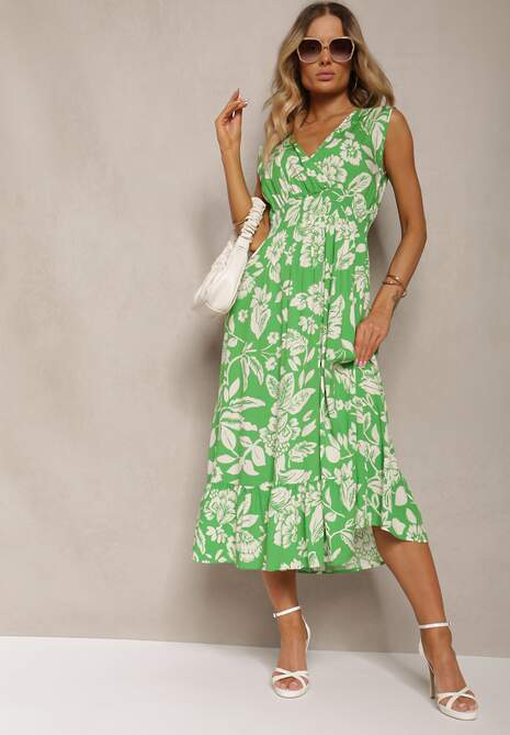 Zielona Wiskozowa Kwiatowa Sukienka Wykończona Gumką w Pasie o Rozkloszowanym Kroju Keranea