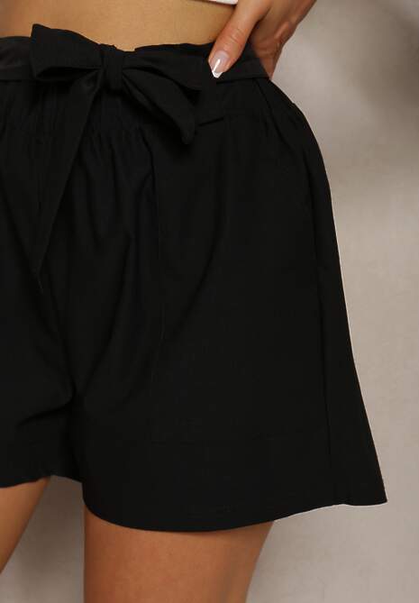 Bermude Negre High Waist cu Adaos de Bumbac cu Șnur în Talie Quisevia 5