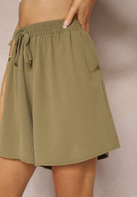 Ciemnozielone Luźne Szorty High Waist z Gumką w Talii Welovia 5