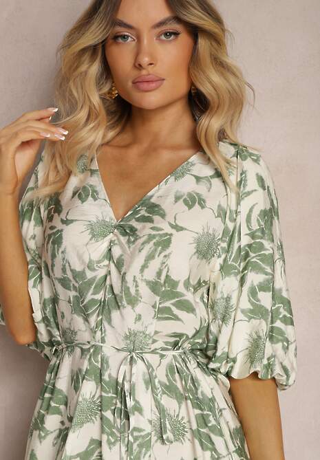 Rochie verde-albă din viscoză cu legare în talie și mâneci decorative Nanea 5