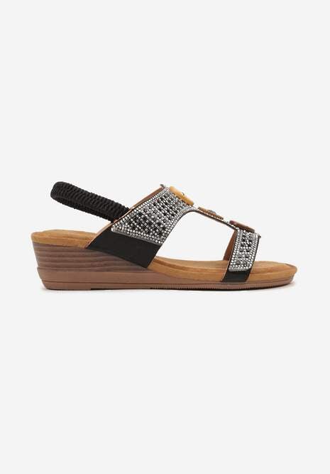Sandale Negre Slip-On cu Platformă Imitatie Lemn Decorate cu Material Metalic Irelagia 4