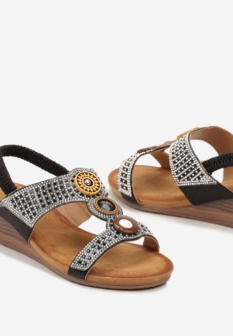 Sandale Negre Slip-On cu Platformă Imitatie Lemn Decorate cu Material Metalic Irelagia 6