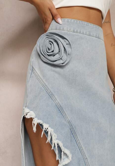 Fustă Bluză din Denim din Bumbac Talie Înaltă Croi Asimetric cu Volan și Floare Savidia 5