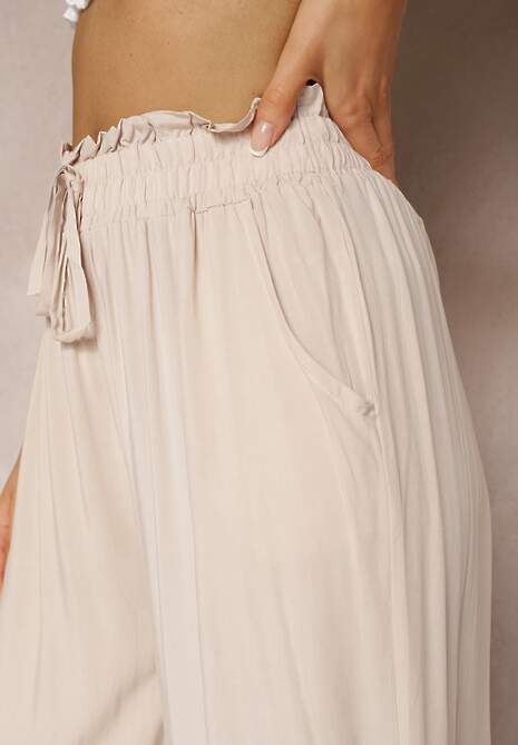Pantaloni Palazzo bej deschis talie înaltă din bumbac cu elastic în talie Nellsea 5