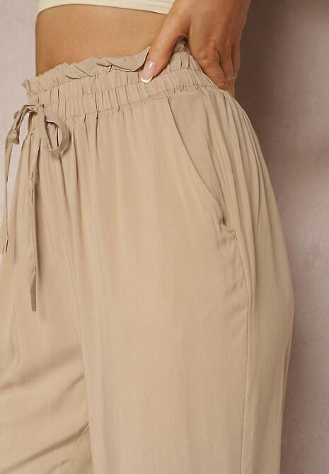 Beżowe Spodnie z Bawełny Typu Paper Bag High Waist z Gumką w Talii Kitanea 5