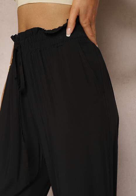 Czarne Spodnie z Bawełny Typu Paper Bag High Waist z Gumką w Talii Kitanea 5