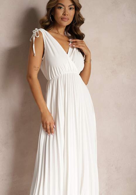 Rochie Albă Cloș Plisată cu Viscoză și Bumbac cu Elastic în Talie Yefia 4