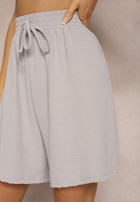 Jasnoszare Szorty z Bawełny i Wiskozy High Waist o Luźnym Kroju z Gumką w Pasie Vikiissia 5