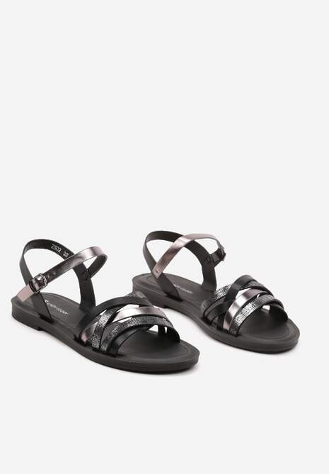 Sandale Negre cu Barete Metalice și Pietre Strass pe Talpă Joasă Halovia 5