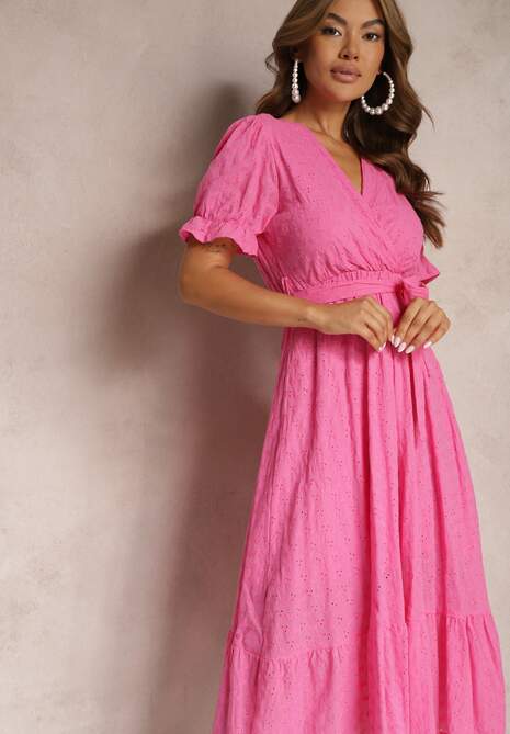 Rochie Fucsia Cloș cu Adaos de Bumbac cu Curea în Talie Cassavia 4