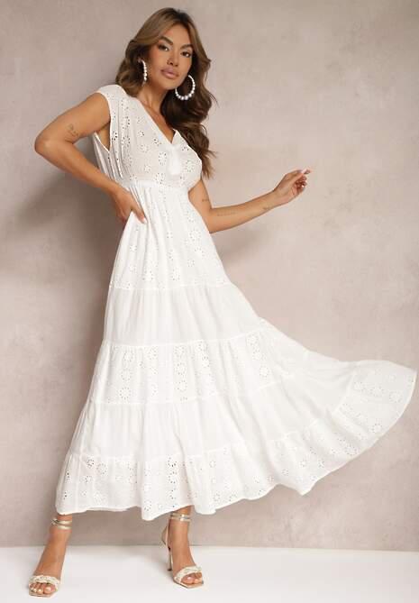 Biała Ażurowa Sukienka z Bawełny Wykończona Gumką w Talii i Guzikami przy Dekolcie Wenevia
