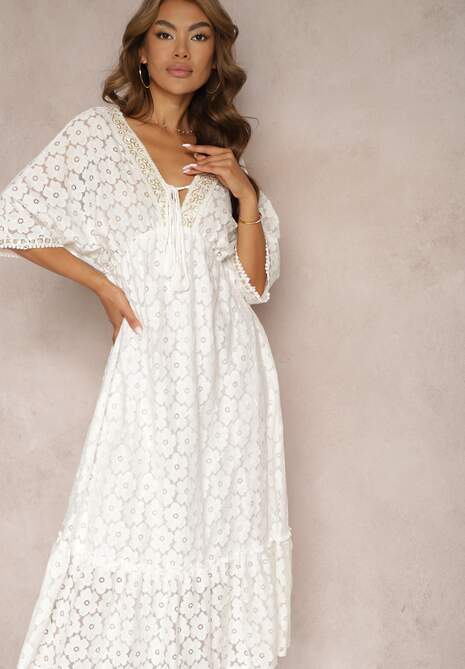 Rochie Albă cu Dantelă și Bumbac cu Fundă și Elastic în Talie Jasevia 4