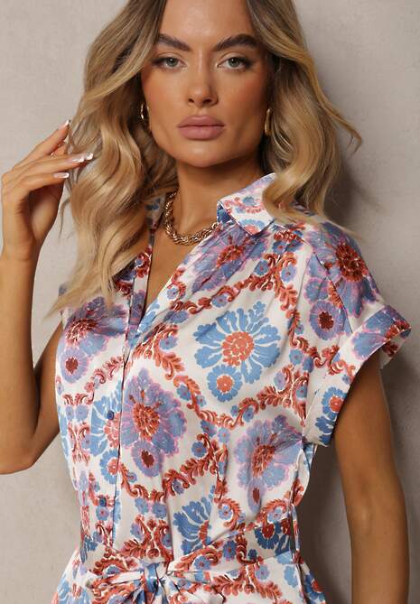 Rochie boho albastră și roz evazată cu viscoză cu croială de cămașă decorată cu curea Josofia 5