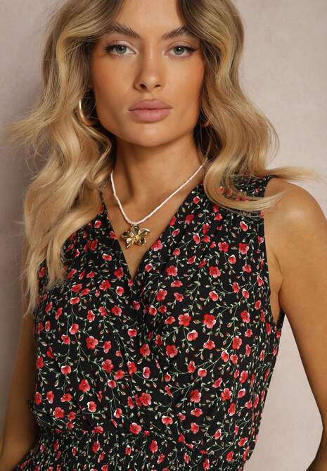 Rochie Neagră-Roșie Tip Plic din Viscoză cu Imprimeu Floral și Elastic în Talie Innavia 5