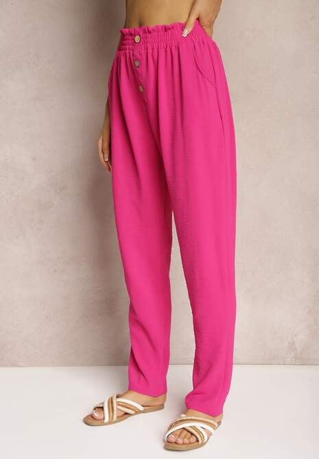 Fuksjowe Spodnie Typu Paper Bag High Waist z Gumką w Talii Salvavia 4