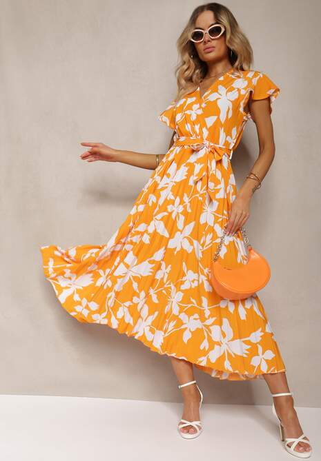 Pomarańczowa Sukienka z Kopertowym Dekoltem Plisowanym Dołem Wykończona w Talii Paskiem i Gumką Elsavia