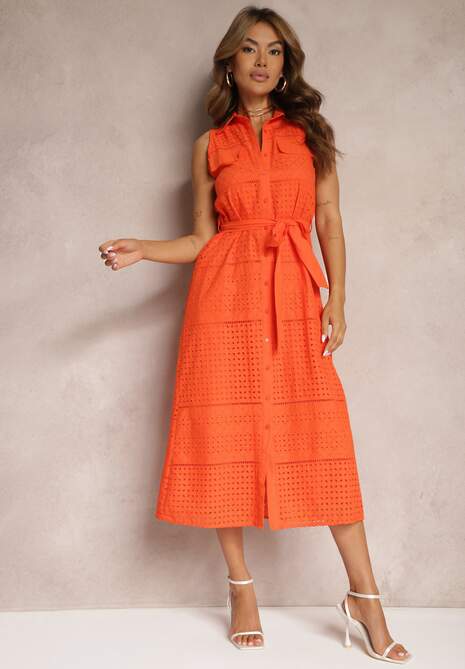 Pomarańczowa Ażurowa Sukienka z Bawełny o Koszulowym Kroju z Materiałowym Paskiem Vikiisara