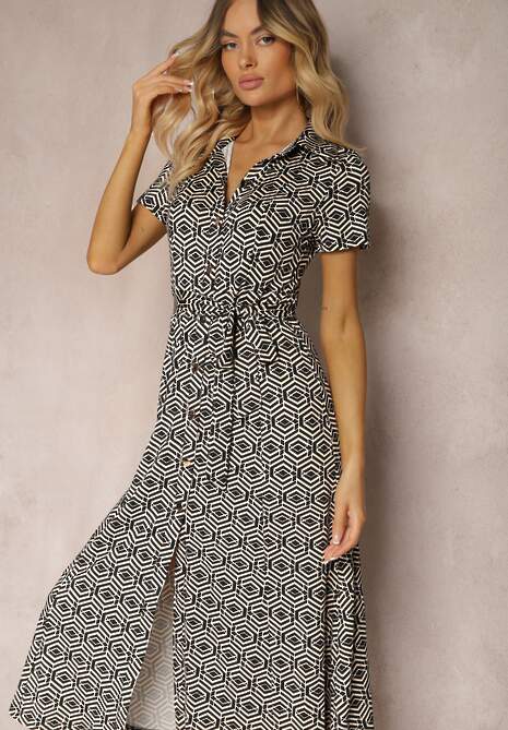 Rochie Cămașă Neagră cu Model Geometric cu Nasturi Xarrah 4