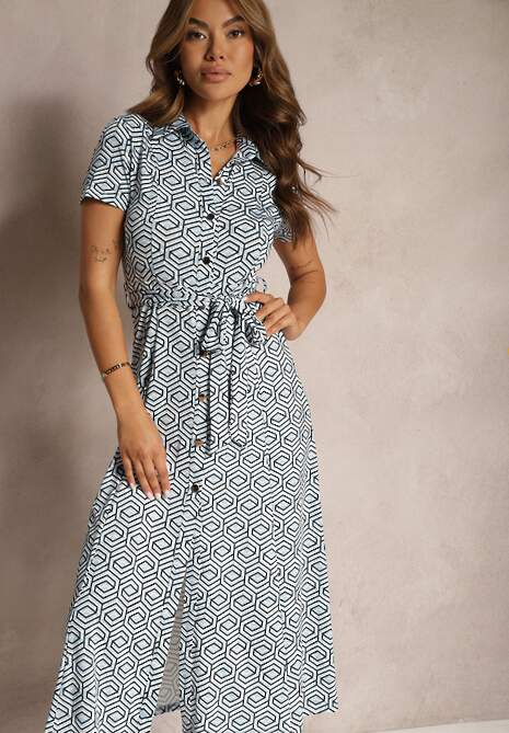 Rochie Cămașă Albastru-Alb cu Model Geometric cu Nasturi Xarrah 4