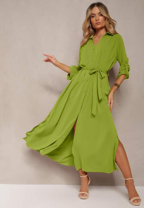 Zielona Casualowa Sukienka Koszulowa na Guziki z Kieszeniami Jezebel