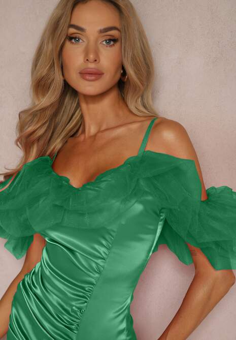 Rochie Satinată Verde cu Volane din Tul și Încrețire pe Bretele Tinamell 5