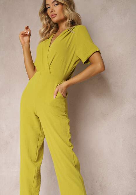 Jasnozielony Kombinezon z Kopertowym Dekoltem i Krótkimi Rękawami z Wiskozą Coridsa 4