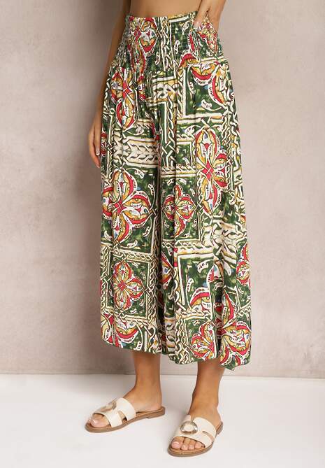 Zielono-Różowe Spodnie Kuloty z Bawełny High Waist z Gumką w Pasie Palovia 4