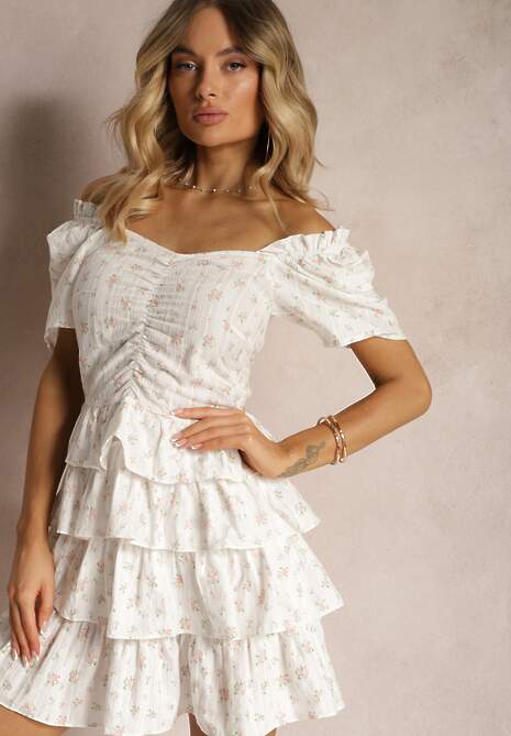 Rochie din Bumbac Cloș Albă cu Elastic în Talie cu Flori Mici Timariah 4