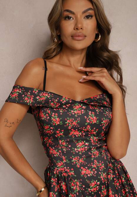 Rochie Neagră și Roșie cu Bretele Reglabile și Decolteu Tip Bardot cu Imprimeu Floral Risalemti 5