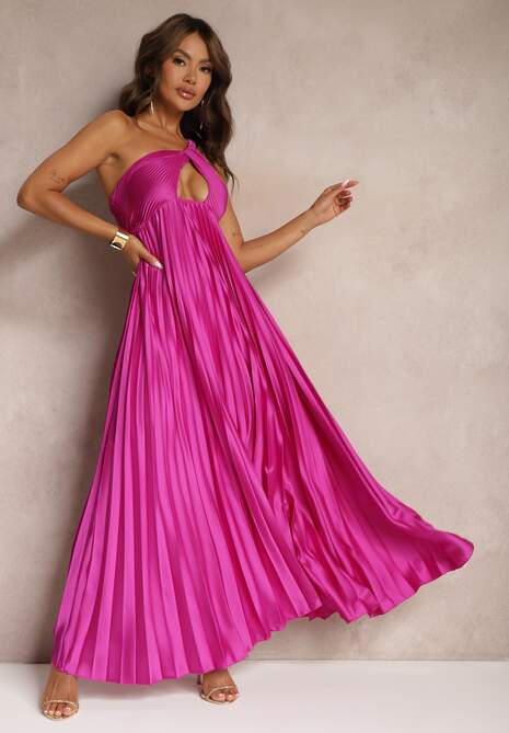 Fioletowa Asymetryczna Sukienka Plisowana na Jedno Ramię z Gumką w Talii Elashay