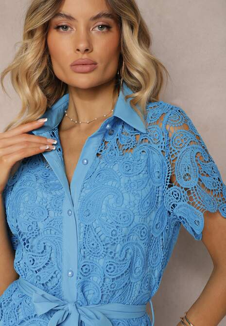 Rochie Cămașă Midi din Dantelă Albastră cu Curea Azariela 5