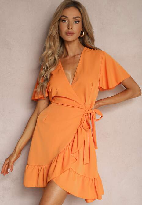 Rochie portocalie tip plic cu volan decorativ Tinanis 4